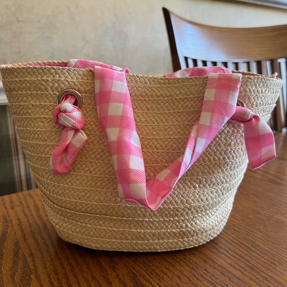 🐣Jessica Simpson Pink and Cream Woven mini tote Adult Easter Basket idea. NEW - Picture 9 of 13